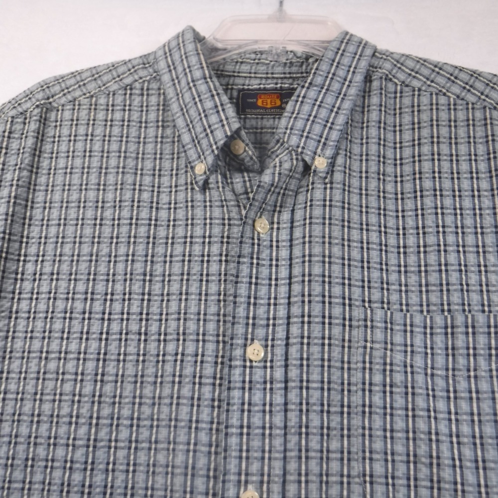 Route 66 Mens Large Blue Plaid Seersucker Short Sleeve Button Shirt